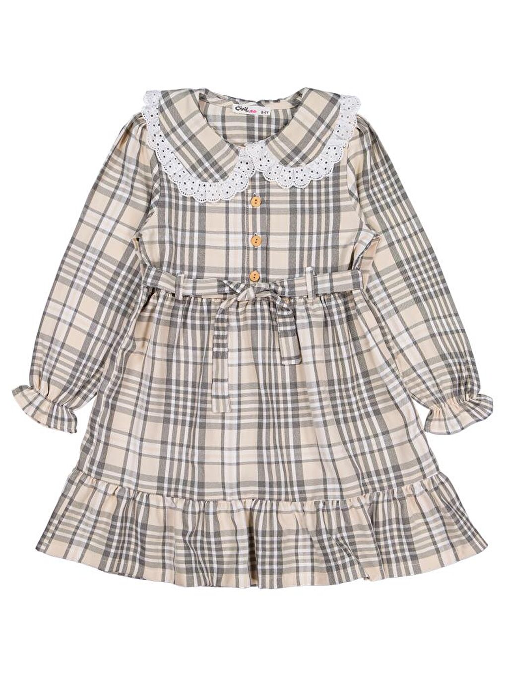 Girls Ekose Desenli 6-9 Yaş Elbise - Bej 7-8 Yaş