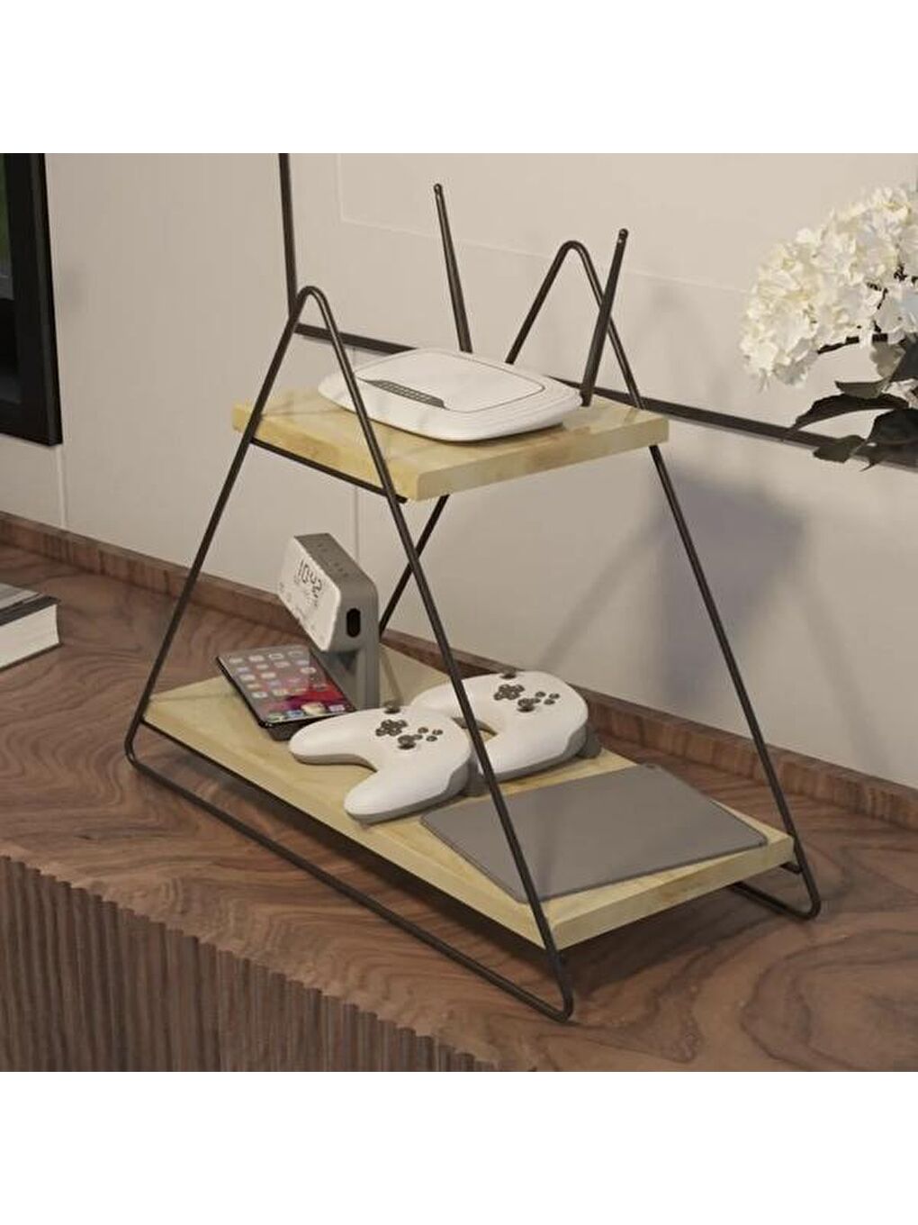 Karışık 2 Katlı Dekoratif Raf - Siyah / Bej - 37x36x14 cm