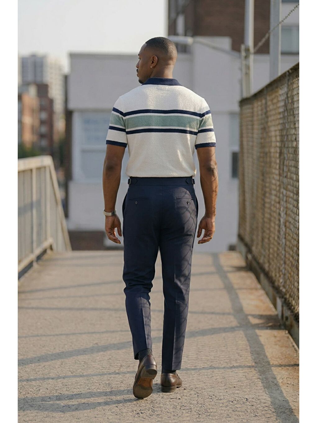 Erkek Regular Fit Çizgili Havlu Triko Polo Yaka T-Shirt Ekru Lacivert-3