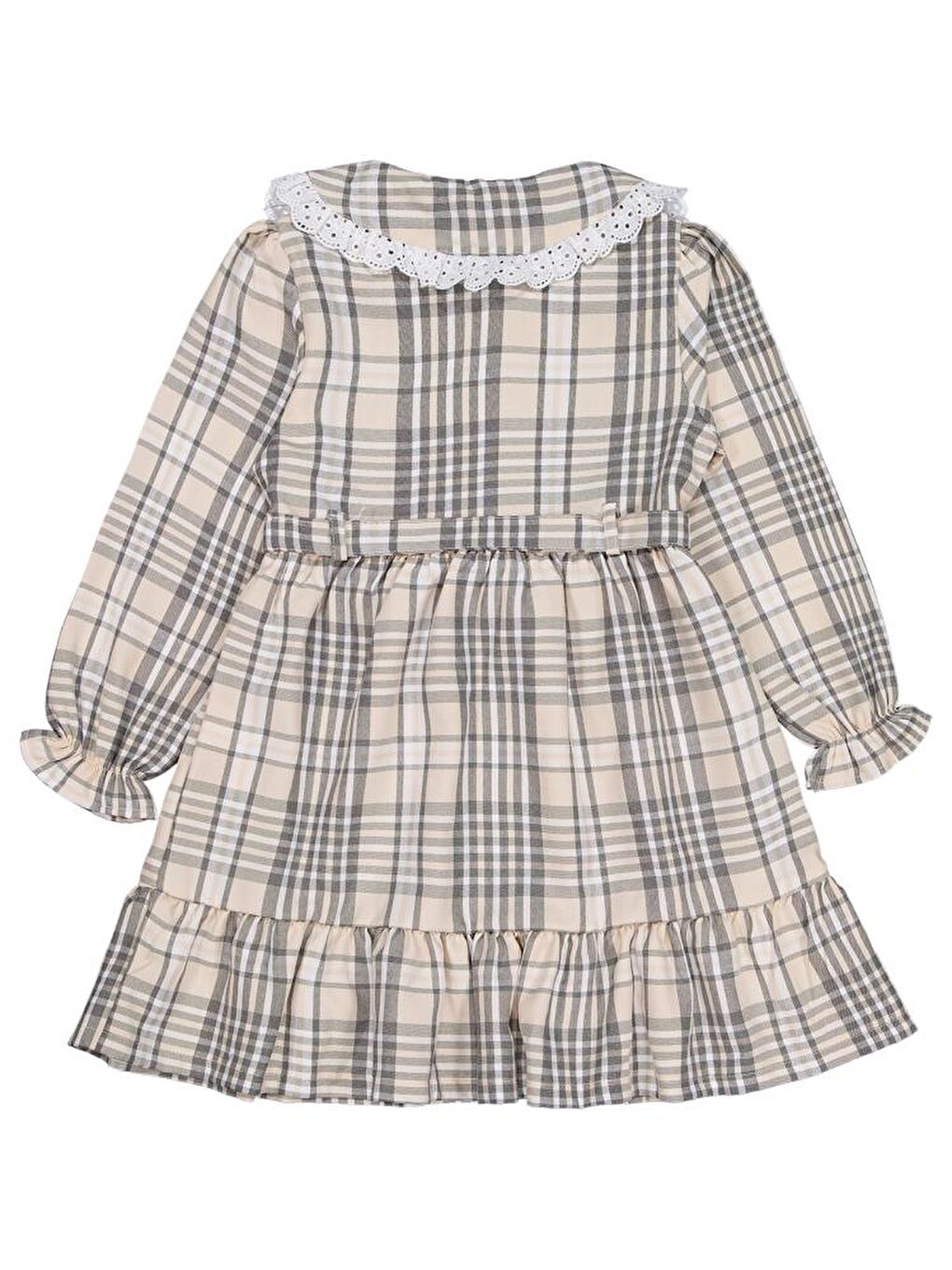 Girls Ekose Desenli 6-9 Yaş Elbise - Bej 7-8 Yaş-1