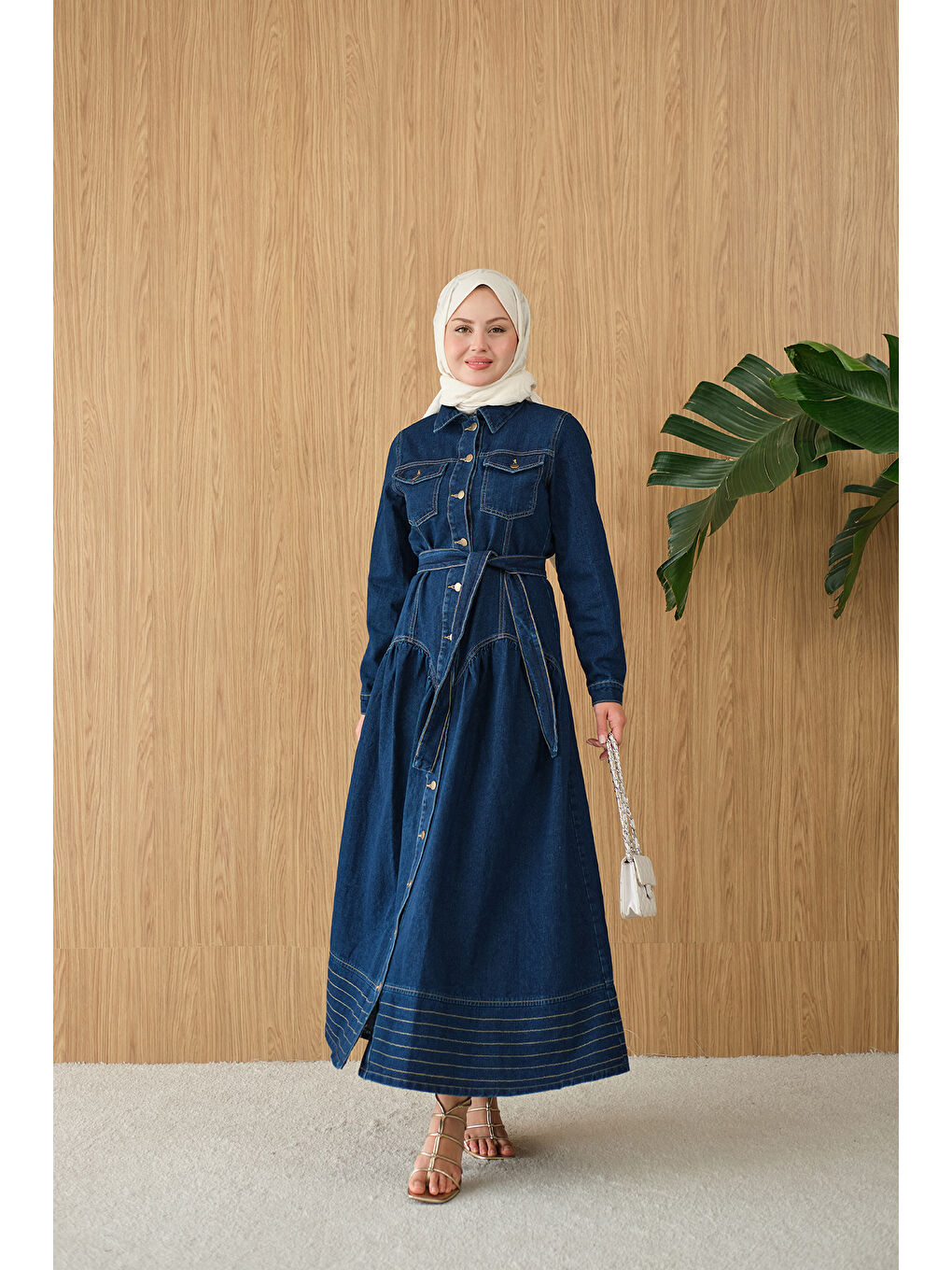 Kadın Çift Cepli Bel Büzgü Ve Dikiş Detay Boydan Düğmeli Jean Elbise Lacivert-2