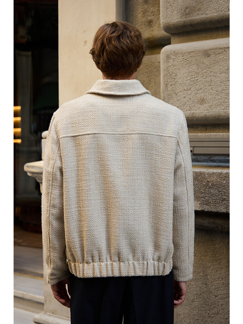 Erkek Tasarım Kumaş Teknik Mont Ceket Ekru-7