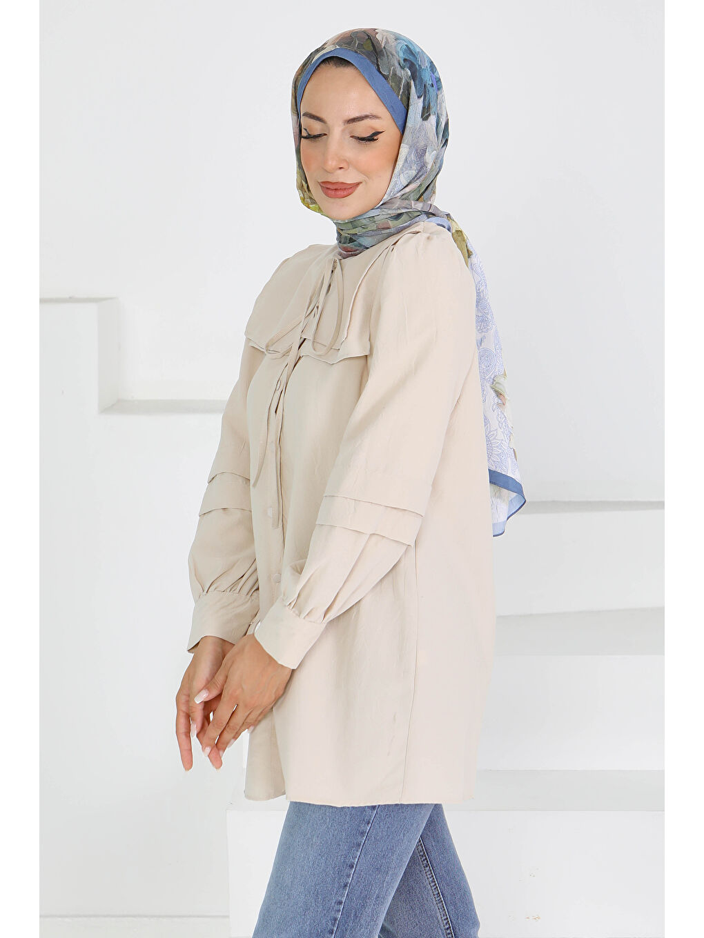 Ekru Kare Yaka Detaylı Dokuma Tunik Krem - 27607-1
