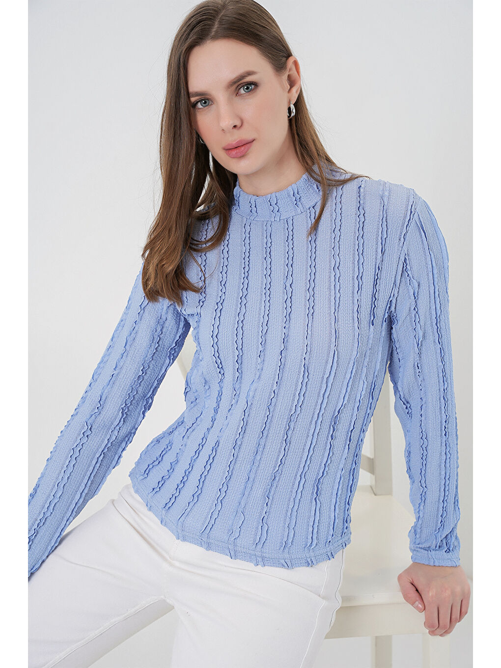Kadın Dokulu Esnek Örme Bluz 975 - Mavi-2