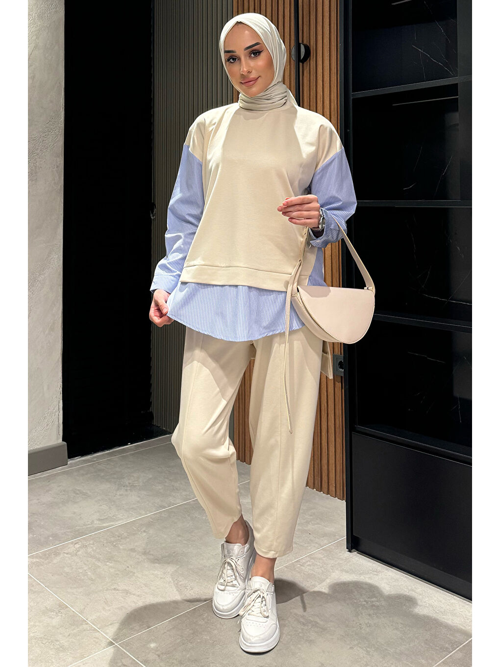 Ekru Gömlek Garnili Sweat Pantolon Tesettür İkili Takım