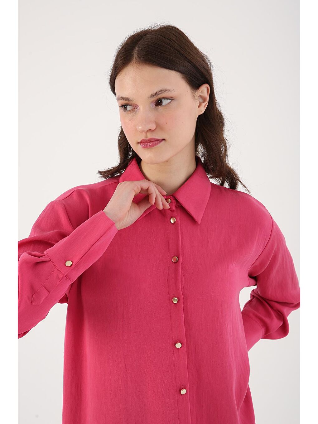 Fuşya Yanları Yırtmaçlı Metal Düğmeli Gömlek Tunik