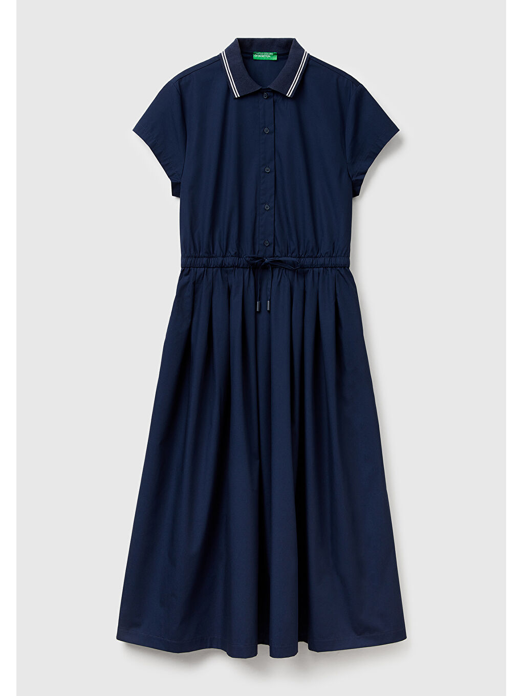 Kadın Lacivert %100 Pamuk Düğmeli Beli Bağcıklı Gömlek Yaka Elbise-1