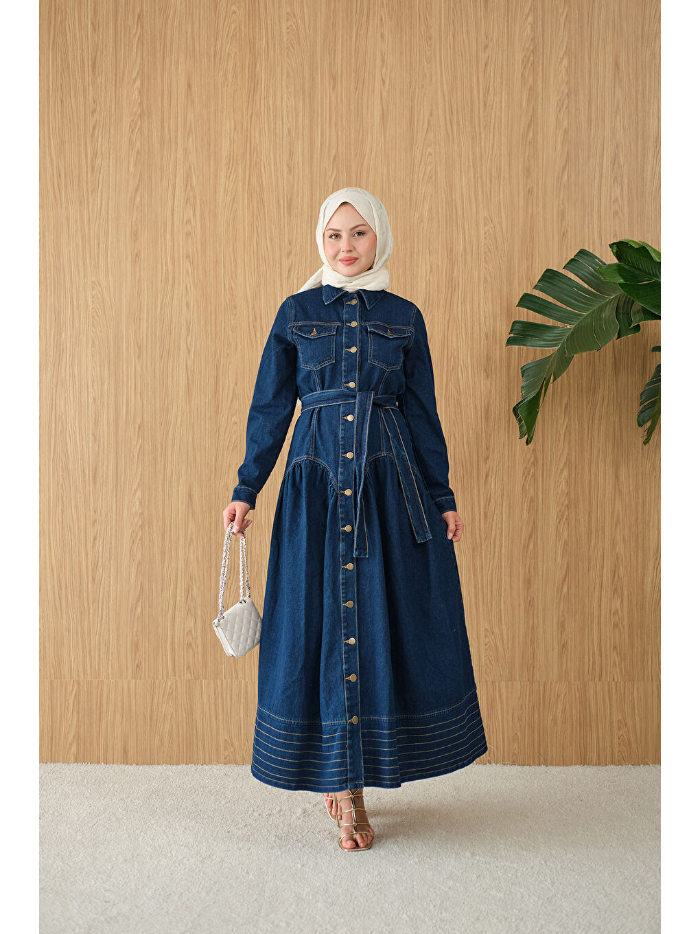 Kadın Çift Cepli Bel Büzgü Ve Dikiş Detay Boydan Düğmeli Jean Elbise Lacivert-3