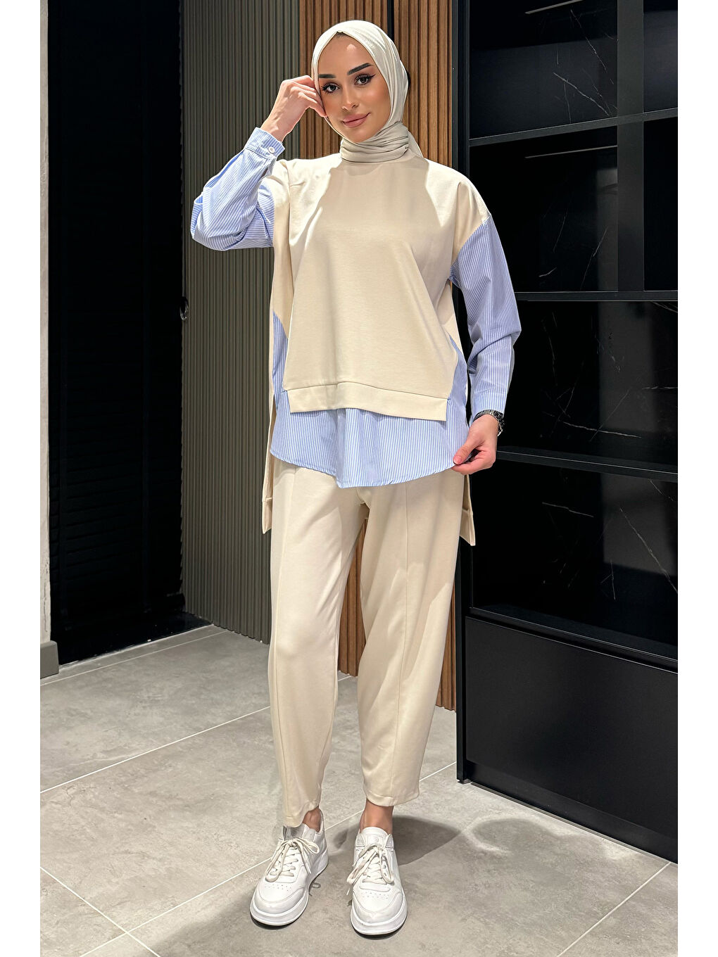 Ekru Gömlek Garnili Sweat Pantolon Tesettür İkili Takım-3