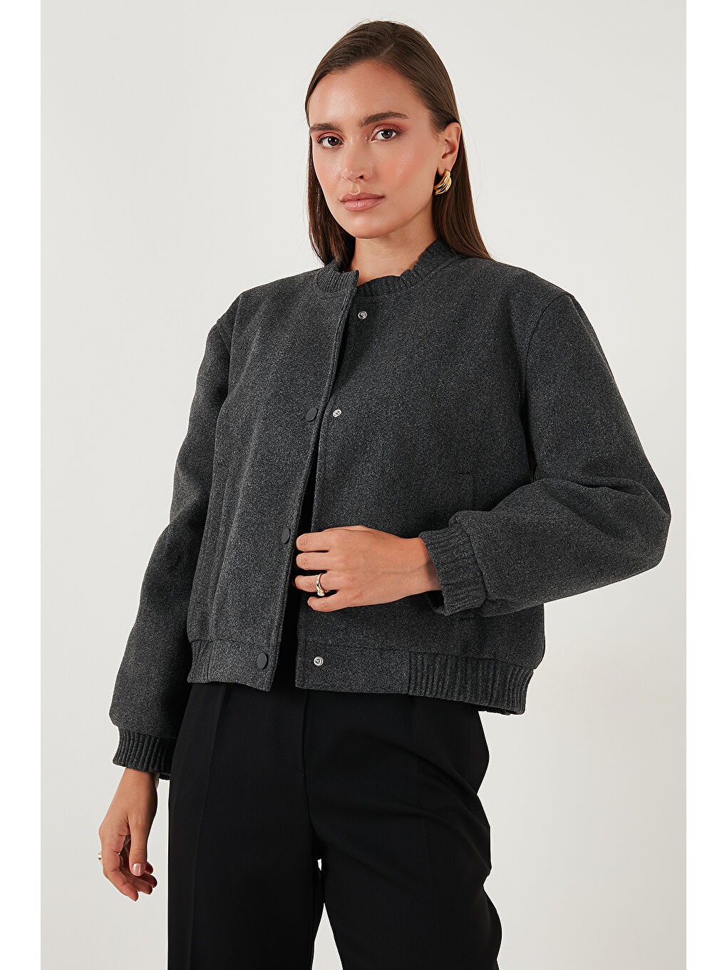 Antrasit Loose Fit Sıfır Yaka Çıtçıtlı Kaşe Kısa Mont 6810178-3