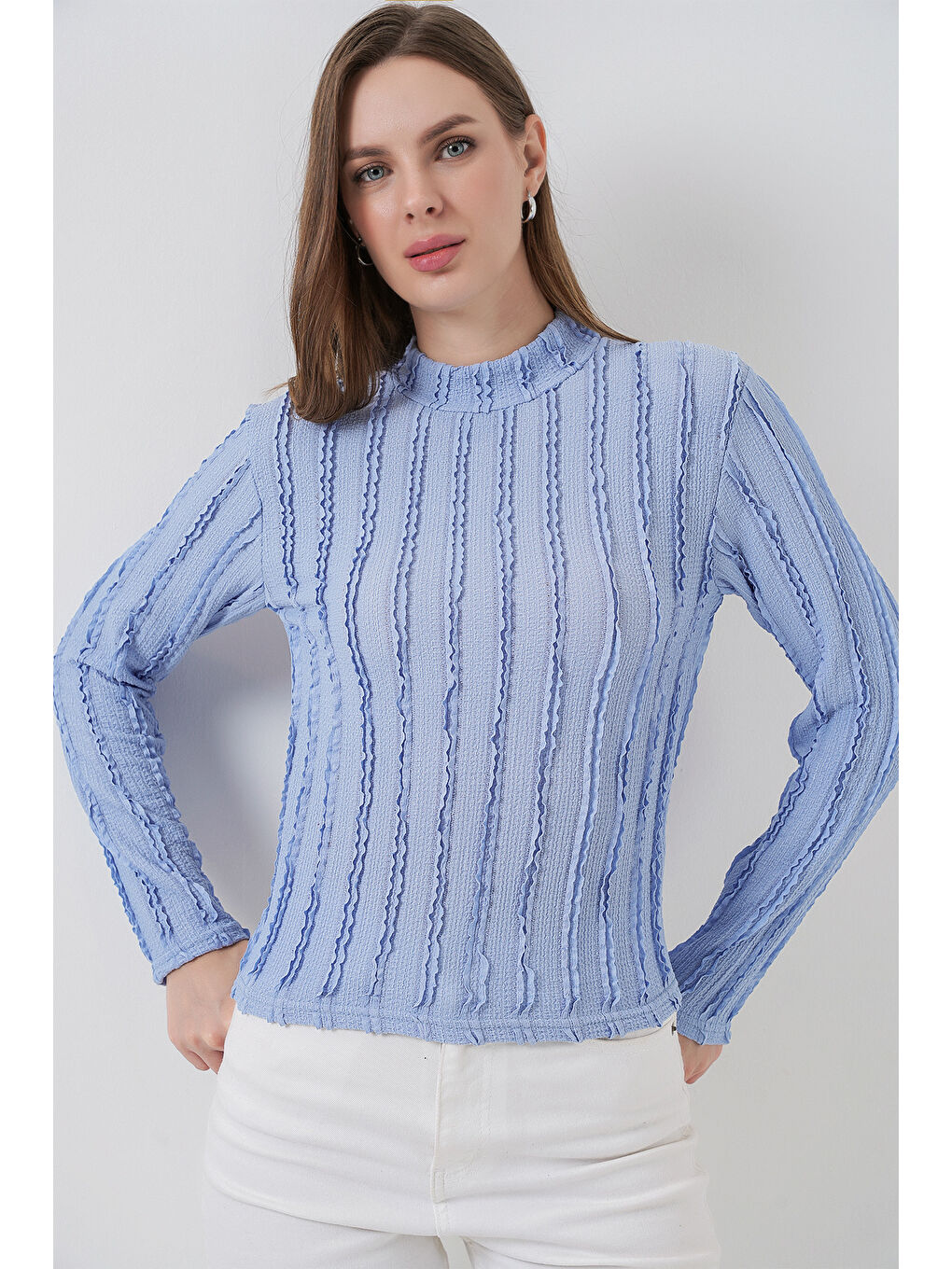 Kadın Dokulu Esnek Örme Bluz 975 - Mavi-3
