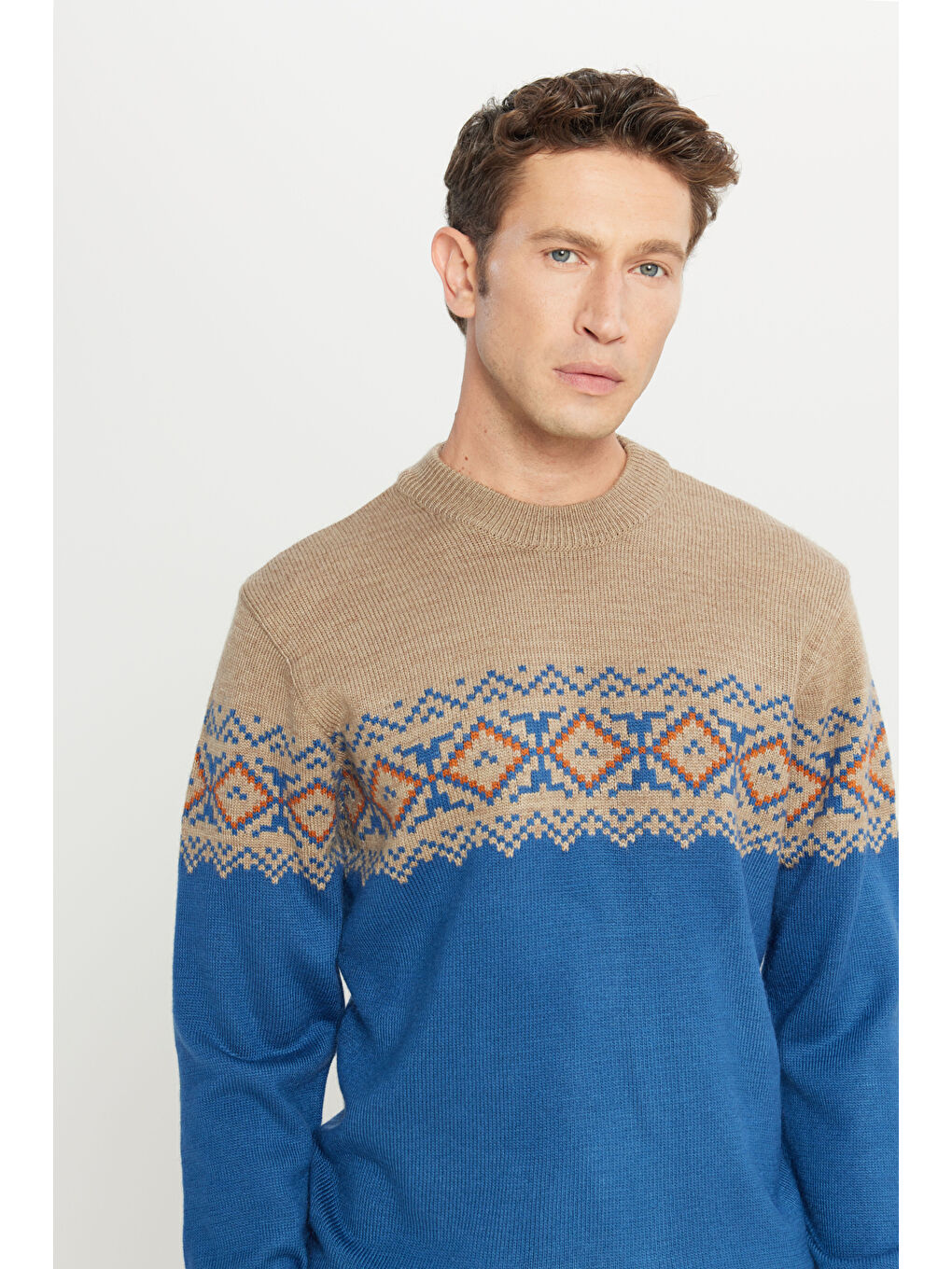 Erkek Bej-Havacı Mavi Standart Fit Normal Kesim Yarım Balıkçı Yaka Desenli Triko Kazak-3