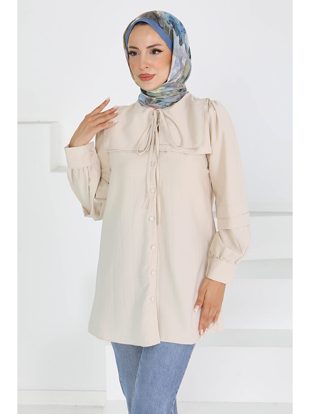 Ekru Kare Yaka Detaylı Dokuma Tunik Krem - 27607-2