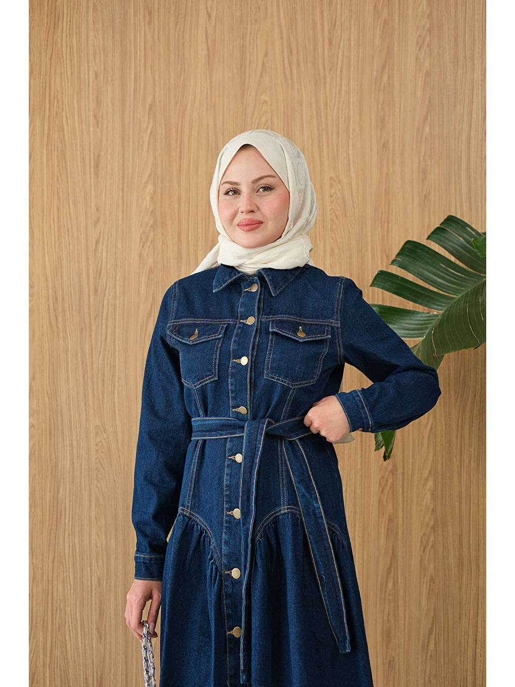 Kadın Çift Cepli Bel Büzgü Ve Dikiş Detay Boydan Düğmeli Jean Elbise Lacivert-4
