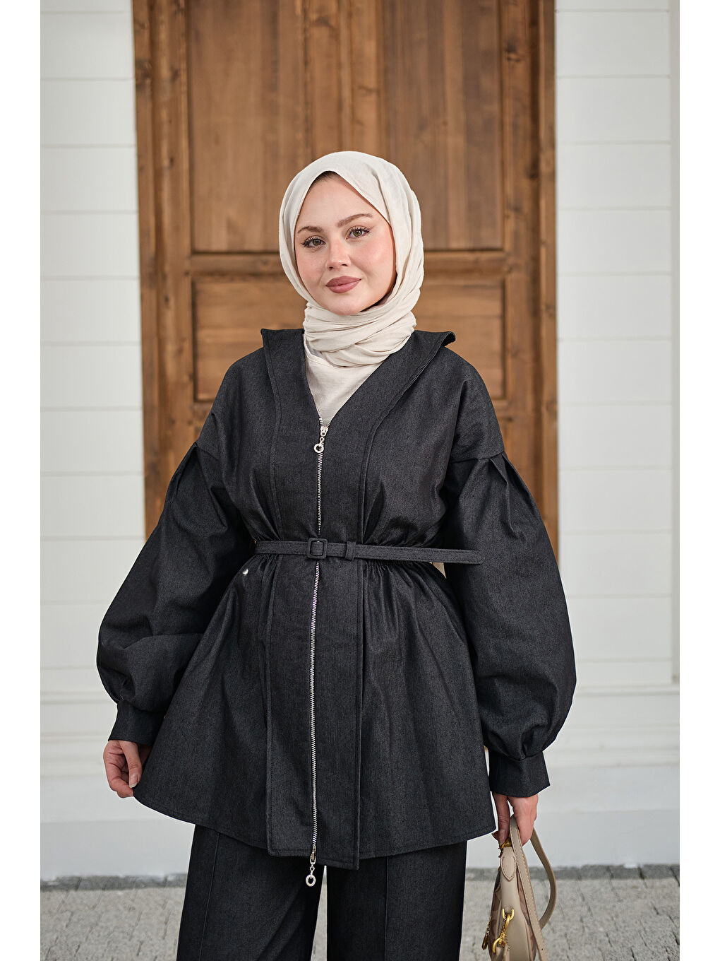 Kadın Beli Lastik Detay V Yaka Kemerli Takım Siyah-2