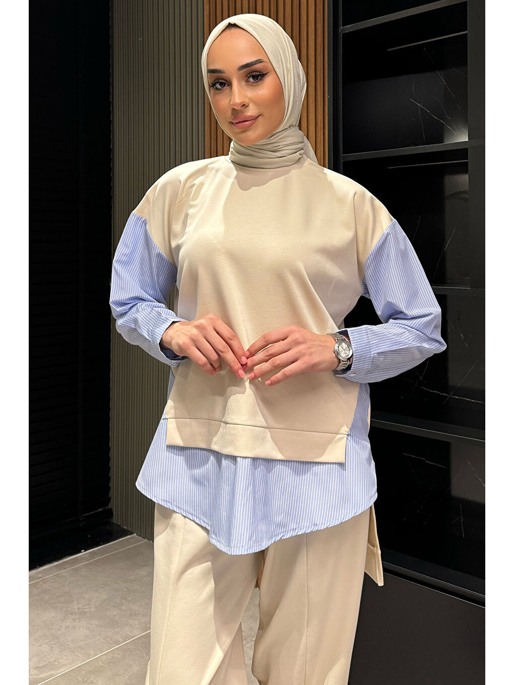 Ekru Gömlek Garnili Sweat Pantolon Tesettür İkili Takım-5