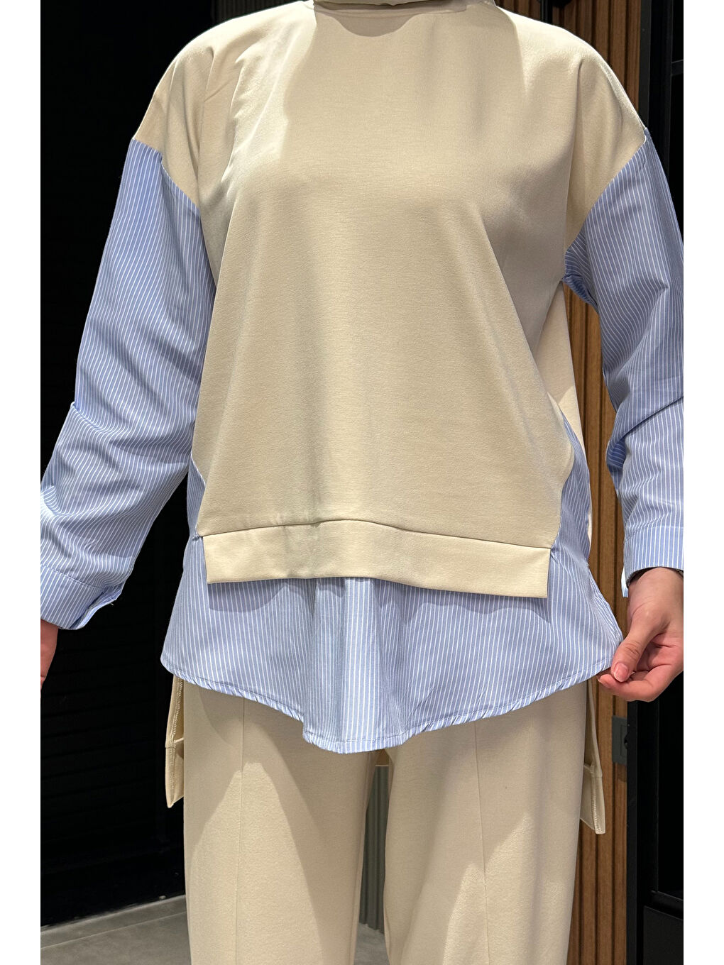 Ekru Gömlek Garnili Sweat Pantolon Tesettür İkili Takım-6