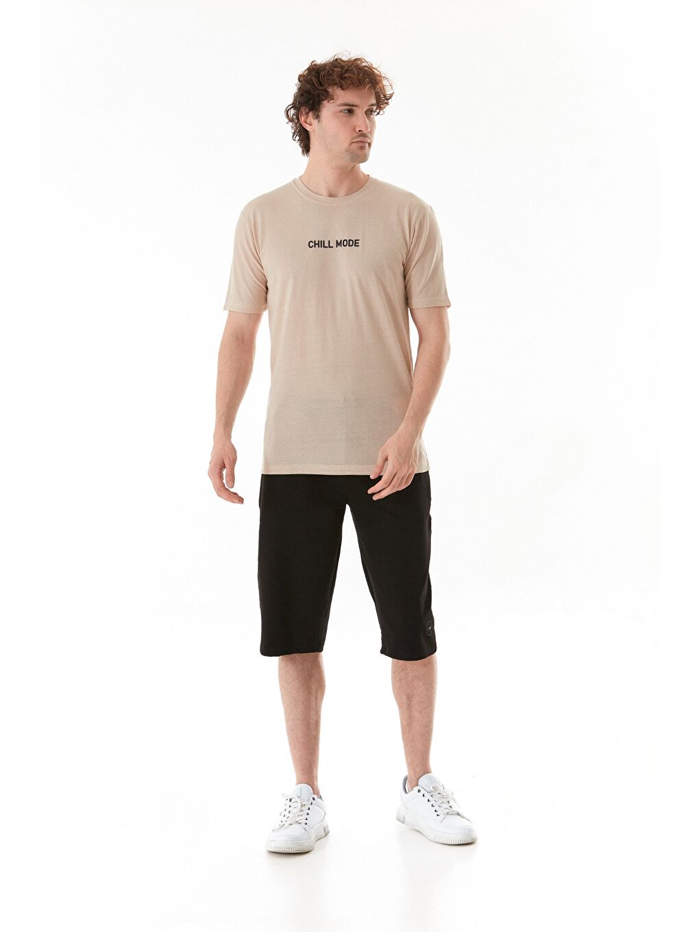 Bej Chıll Mode Yazı Baskılı Tişört-1