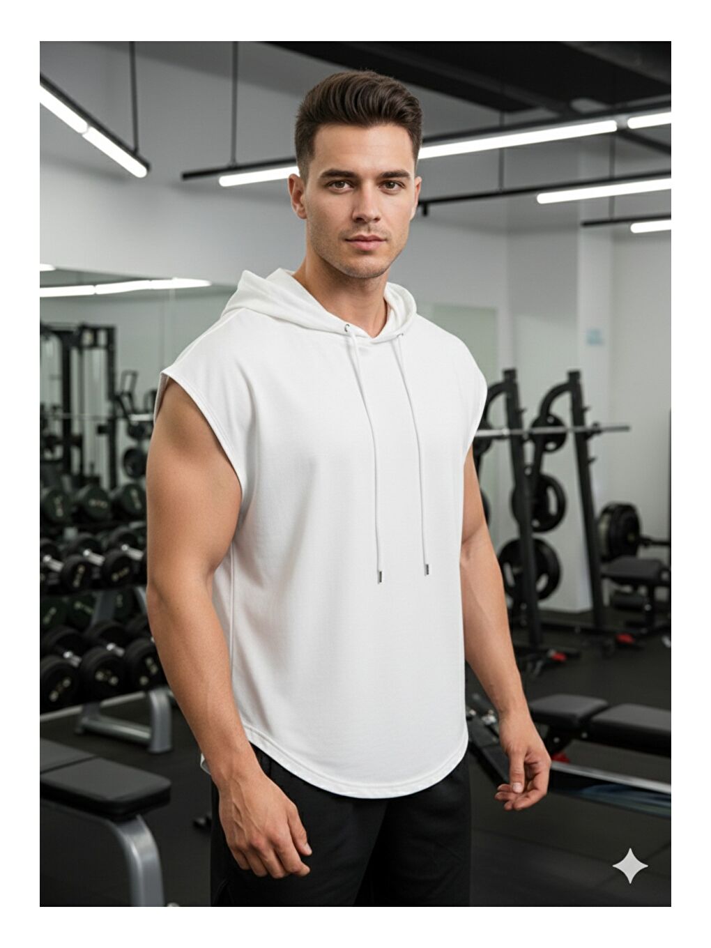 Erkek Beyaz Oversize Kolsuz Kapüşonlu Atlet-1