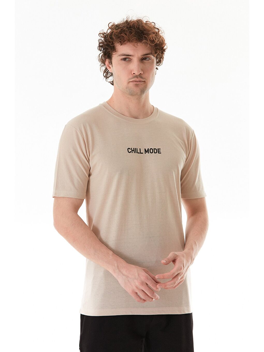 Bej Chıll Mode Yazı Baskılı Tişört-2