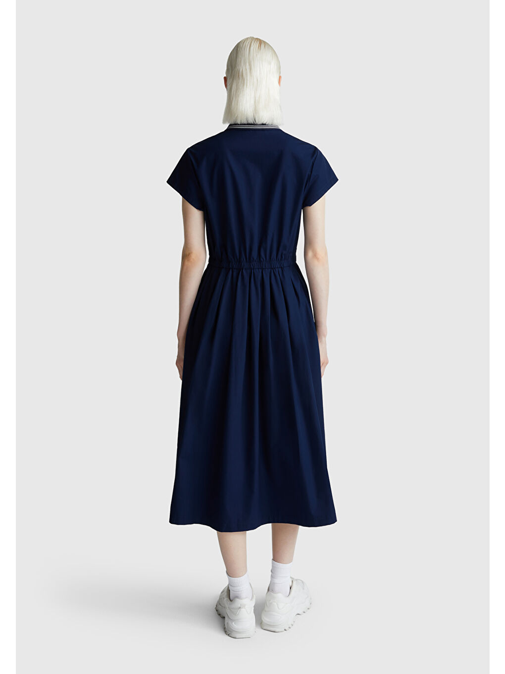 Kadın Lacivert %100 Pamuk Düğmeli Beli Bağcıklı Gömlek Yaka Elbise-2