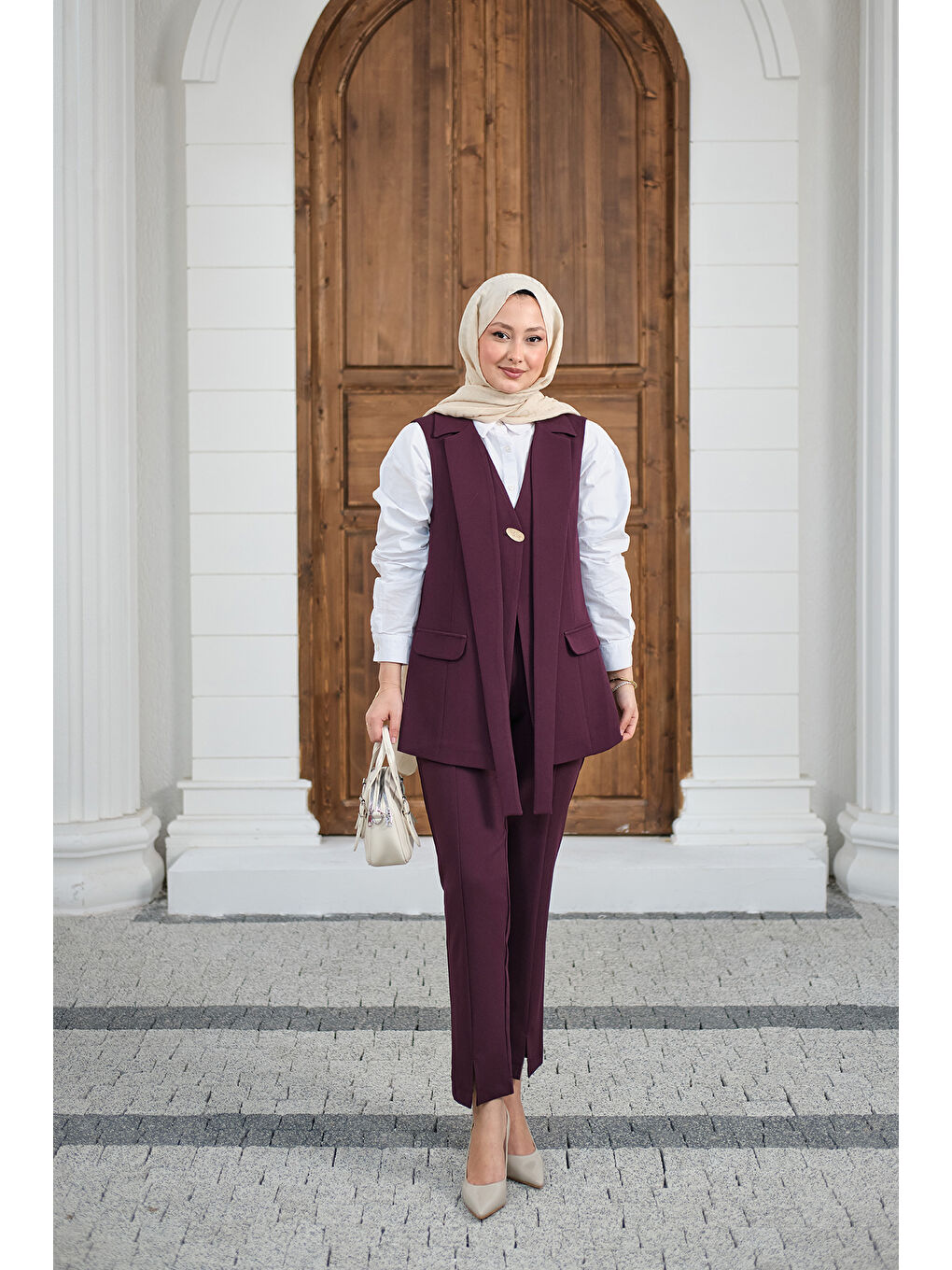 Kadın Gold Düğme Detaylı Yelekli Takım Mürdüm