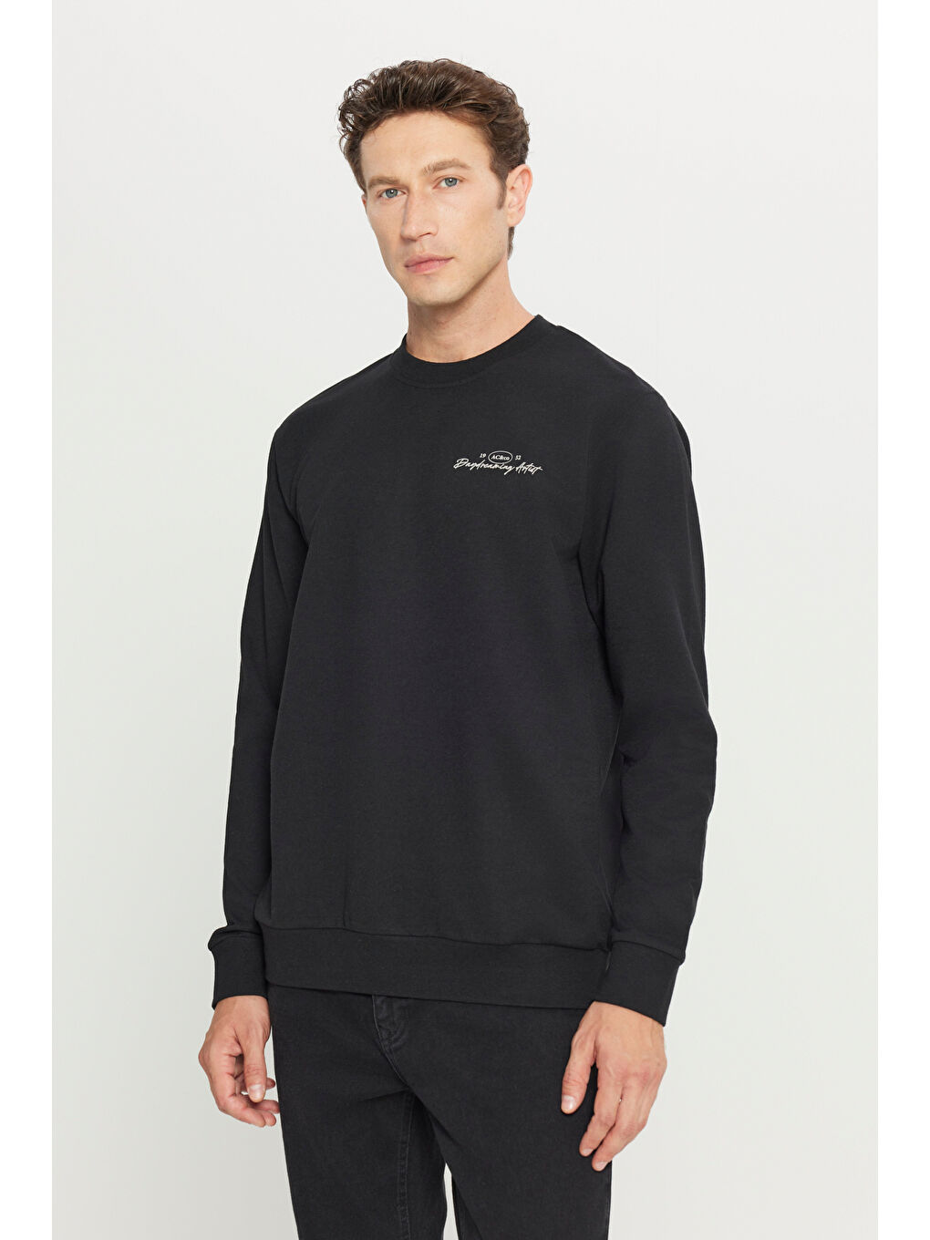 Erkek Siyah 2 İplik Pamuklu Standart Fit Normal Kesim Rahat Bisiklet Yaka Sweatshirt