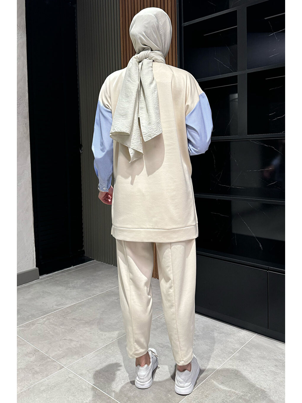 Ekru Gömlek Garnili Sweat Pantolon Tesettür İkili Takım-8