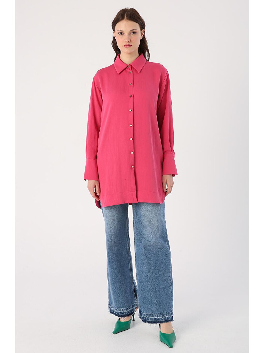 Fuşya Yanları Yırtmaçlı Metal Düğmeli Gömlek Tunik-1