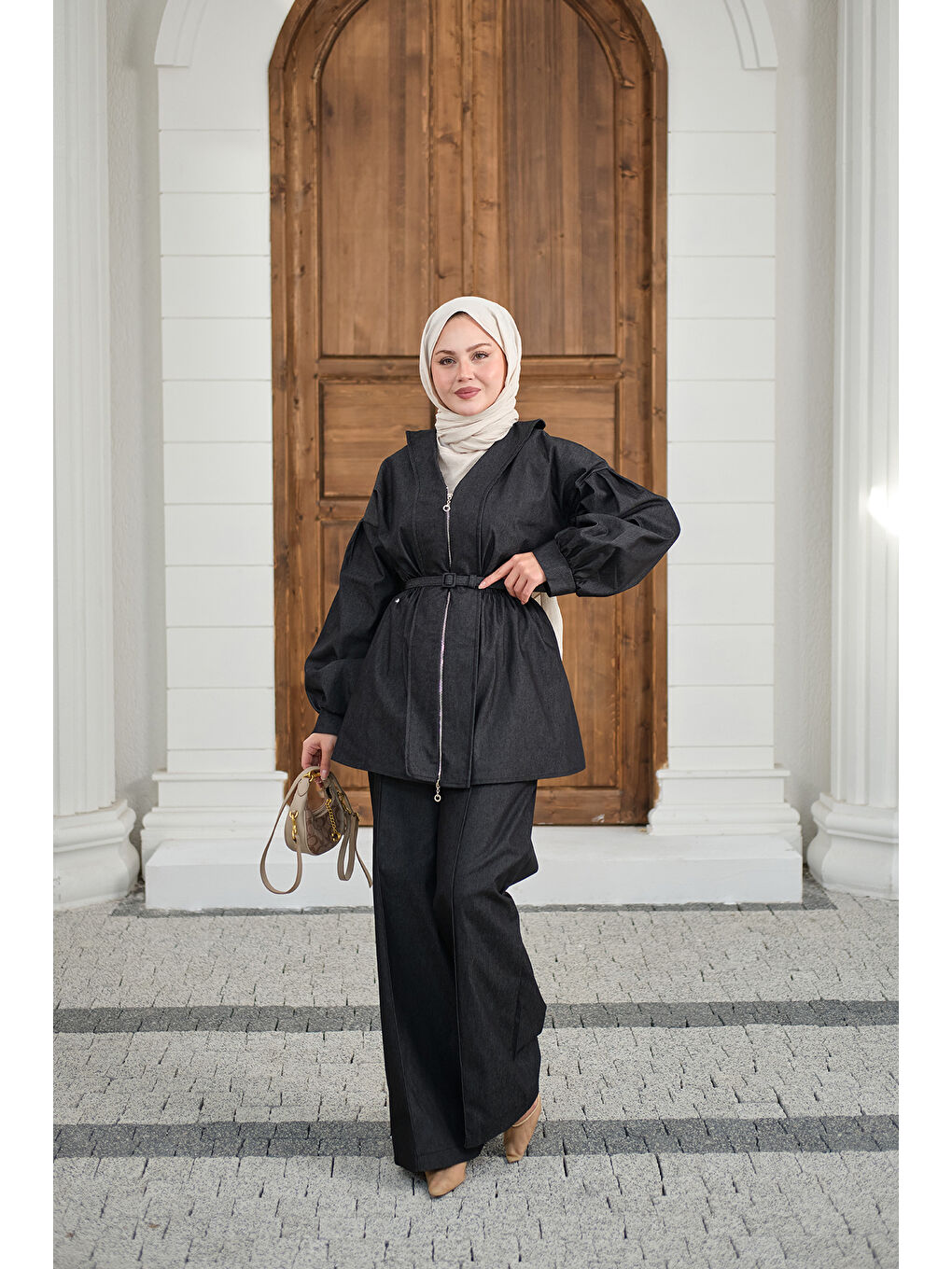 Kadın Beli Lastik Detay V Yaka Kemerli Takım Siyah-3