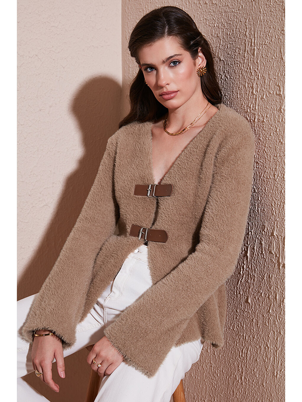 Bej Premium Regular Fit V Yaka Çift Kemerli Pelüş Hırka 680HI00112-1