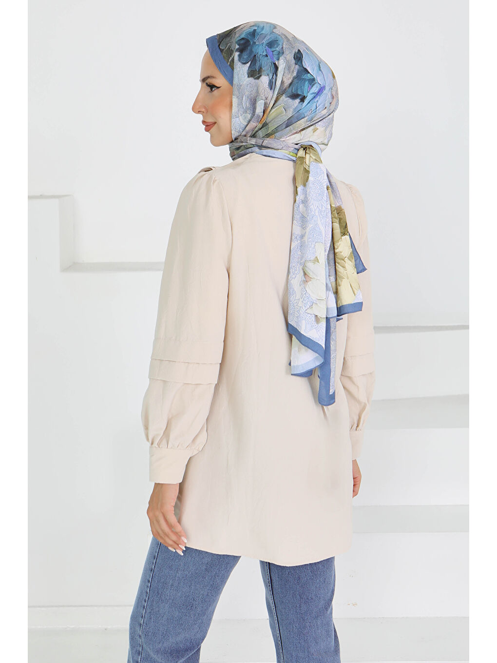 Ekru Kare Yaka Detaylı Dokuma Tunik Krem - 27607-3