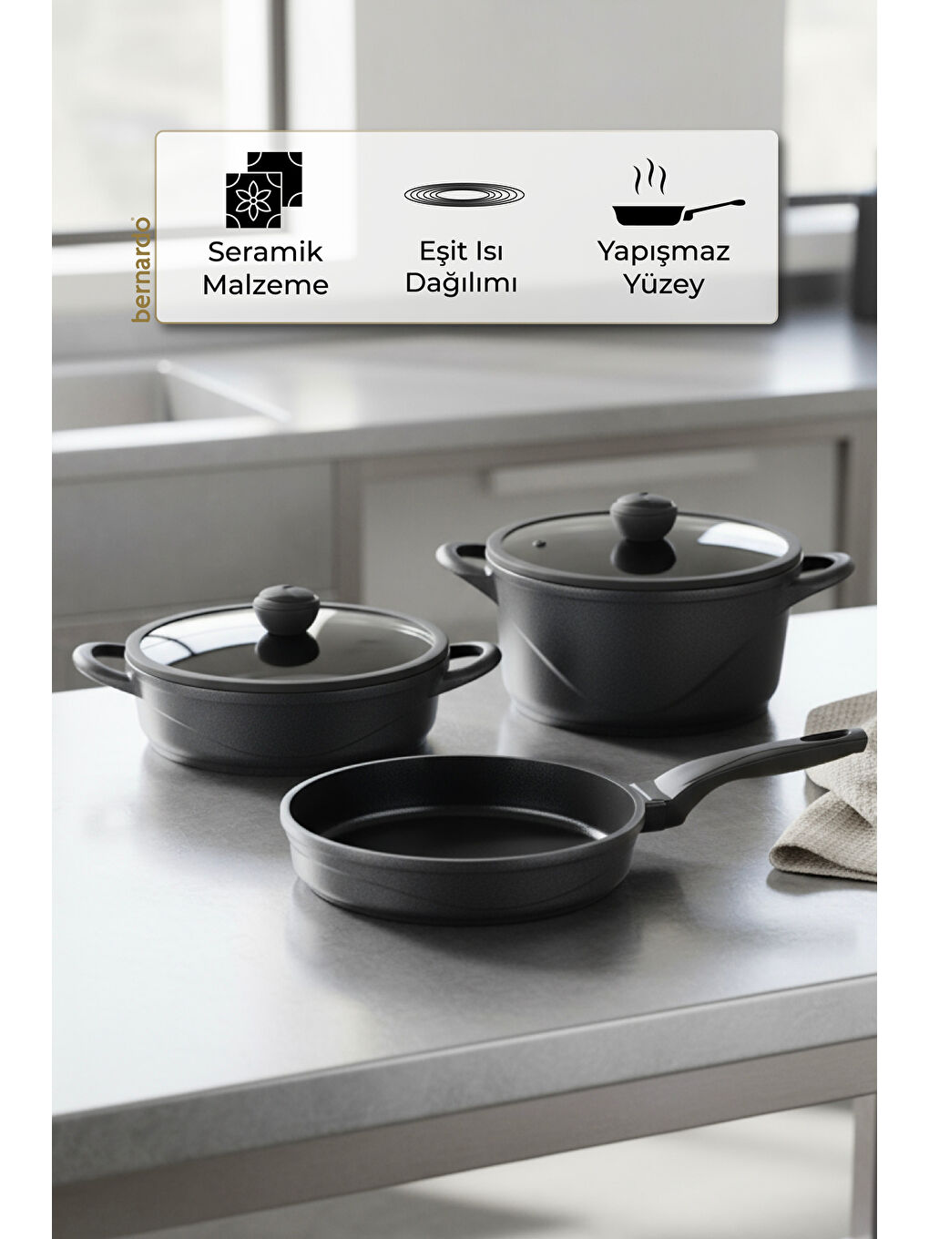 Arista 5 Parça Seramik Döküm Tencere Seti Siyah-7