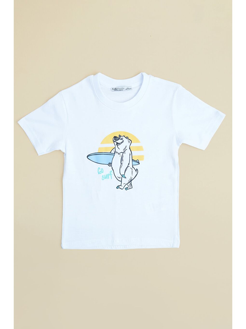 Beyaz Ayıcık Baskılı Bisiklet Yaka Erkek Çocuk Tişört