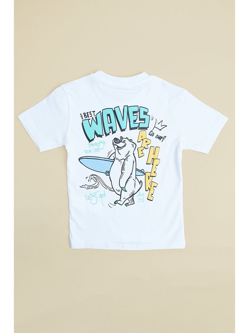 Beyaz Ayıcık Baskılı Bisiklet Yaka Erkek Çocuk Tişört-1