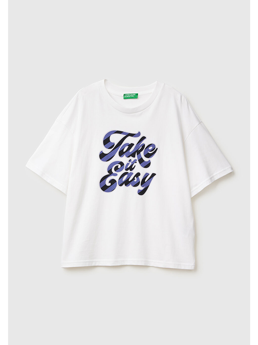 Kadın Beyaz-Mavi Yazılı %100 Pamuk Önü Yazı Baskılı Bisiklet Yaka T-Shirt-1