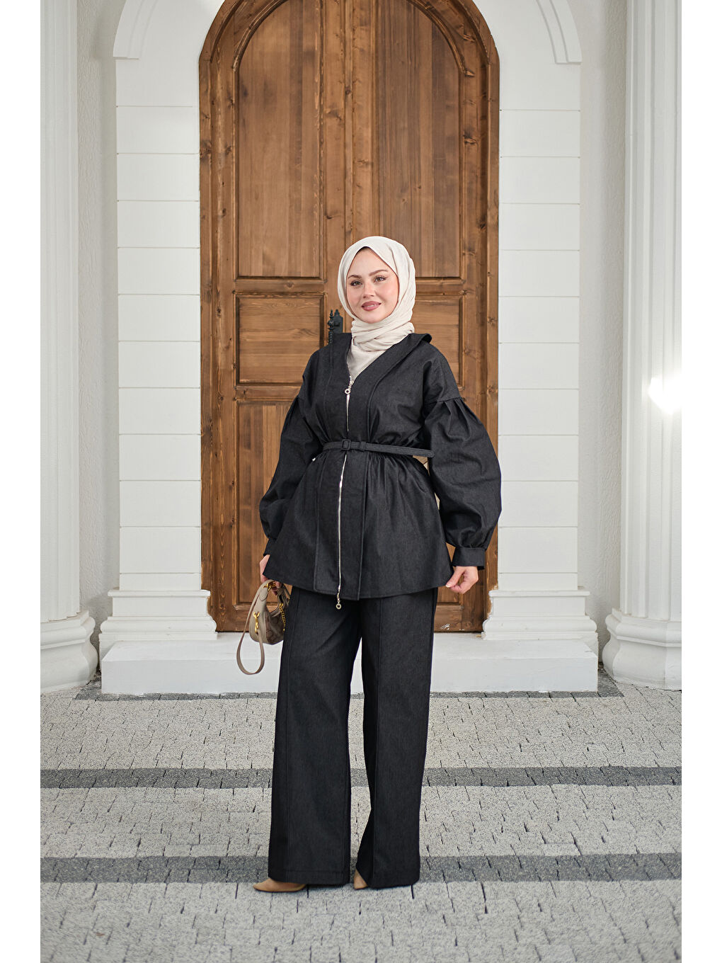 Kadın Beli Lastik Detay V Yaka Kemerli Takım Siyah-4