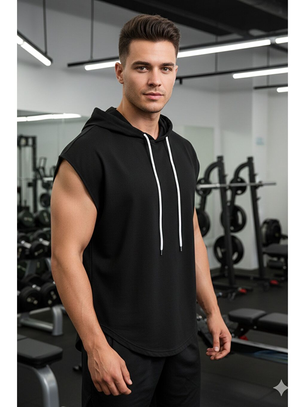 Siyah Erkek Beyaz Oversize Kolsuz Kapüşonlu Atlet-1