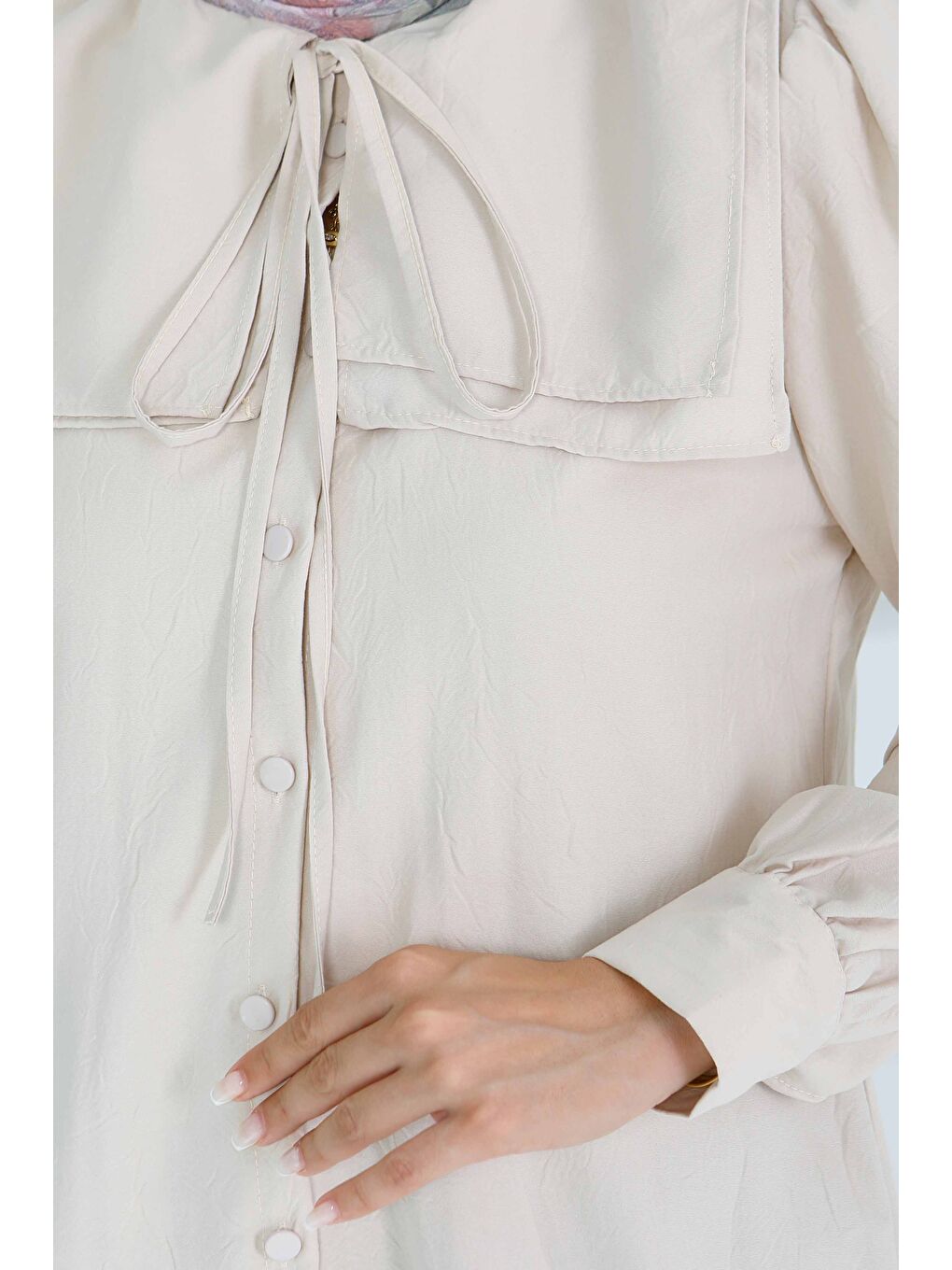 Ekru Kare Yaka Detaylı Dokuma Tunik Krem - 27607-4