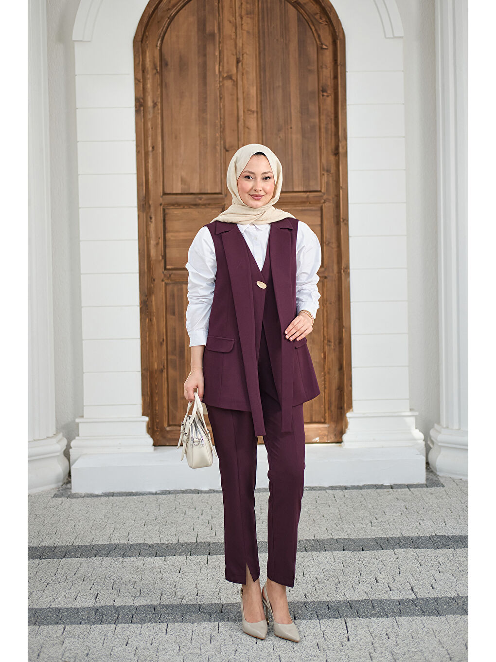 Kadın Gold Düğme Detaylı Yelekli Takım Mürdüm-1