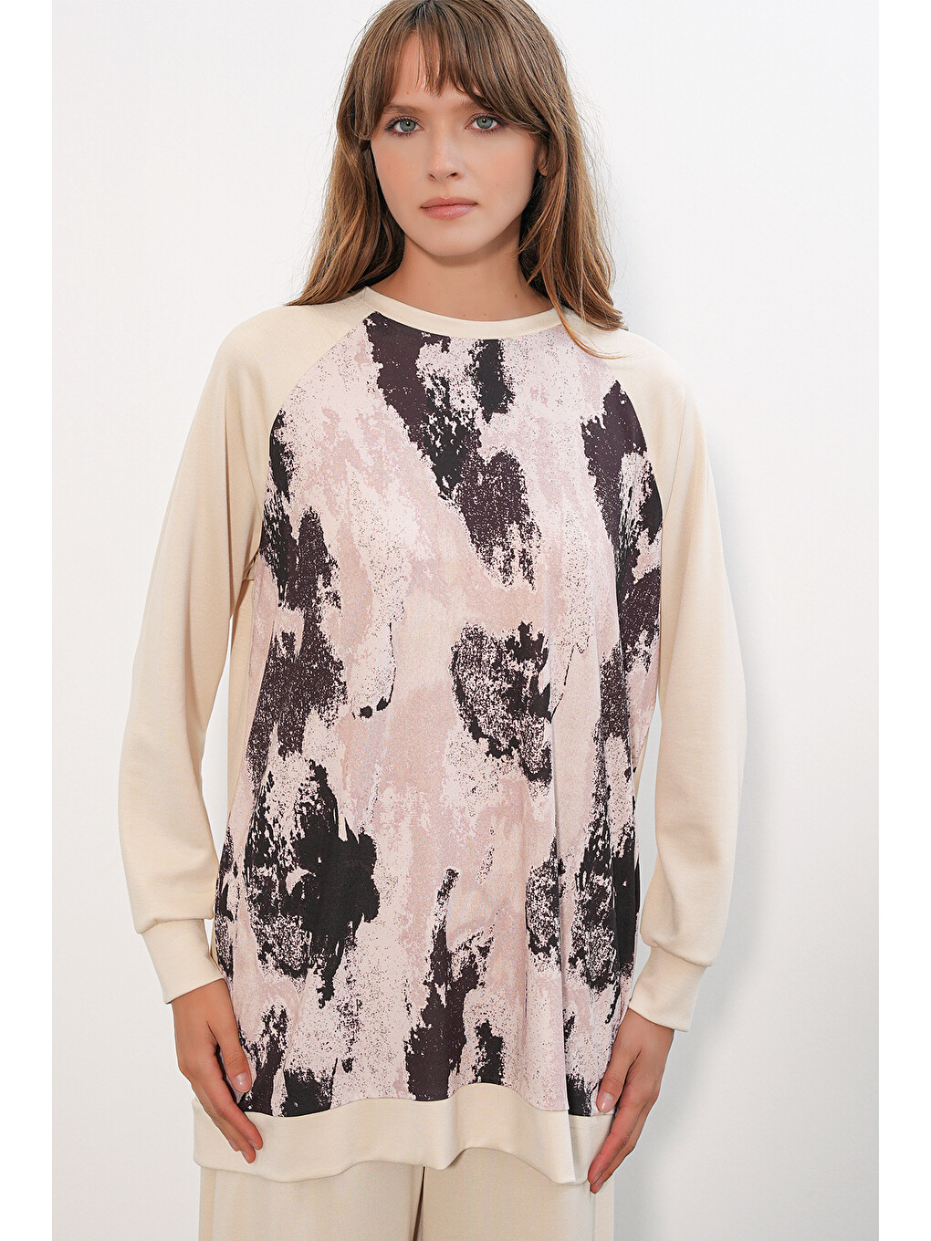 Ekru Kadın Desenli Oversize Tunik Pantolon İkili Takım 55462 - Krem-1