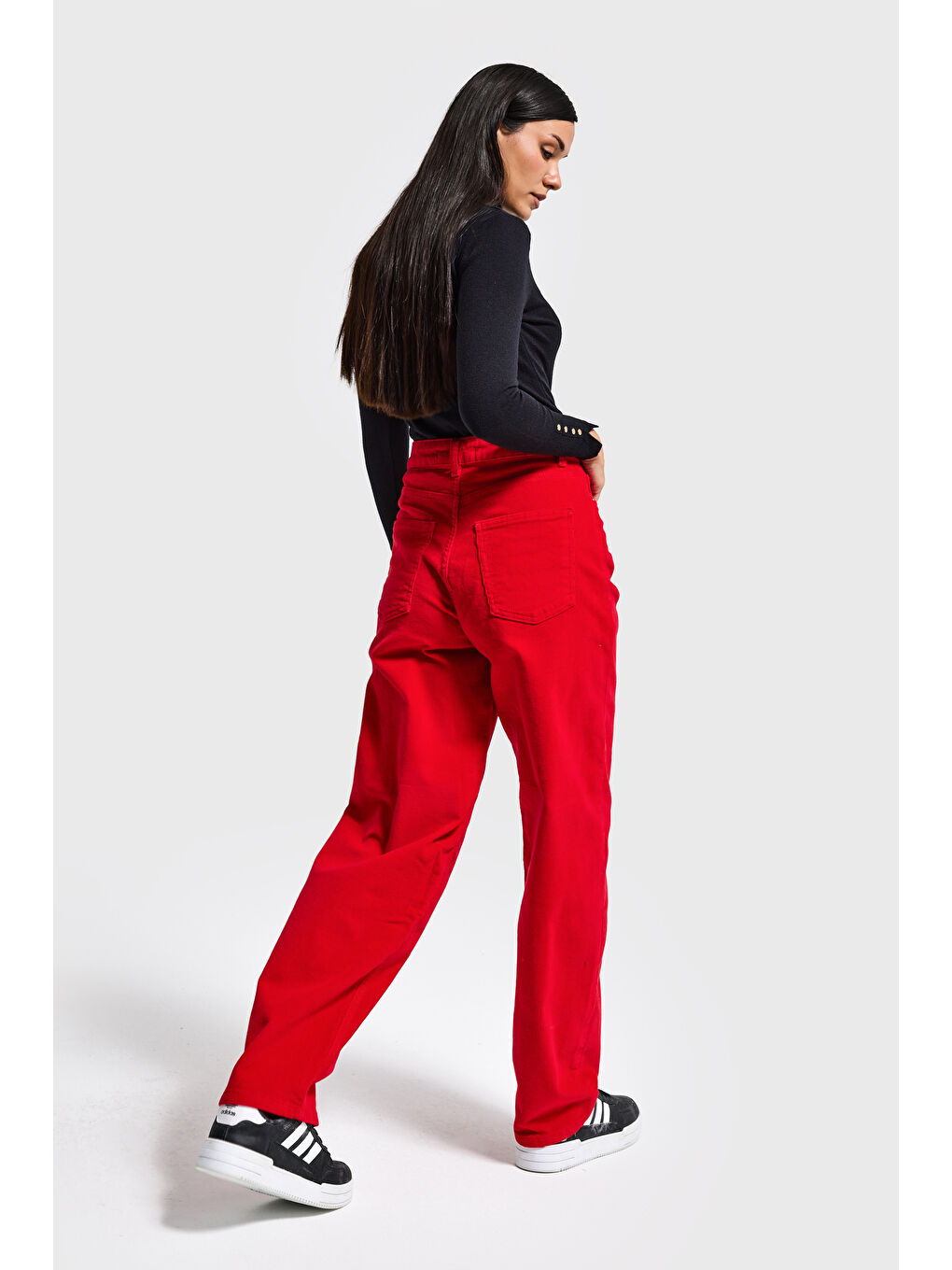 Kadın Kırmızı 26w5-19 Skater Fit Velvet Kadife Kumaş Pantolon-4
