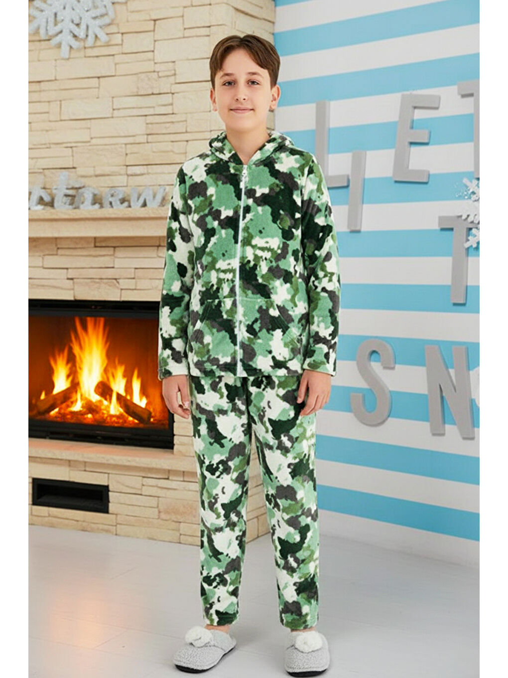 Erkek Genç Çocuk Kadife Kamuflaj Desen Pijama Takımı 240522 Yeşil-2