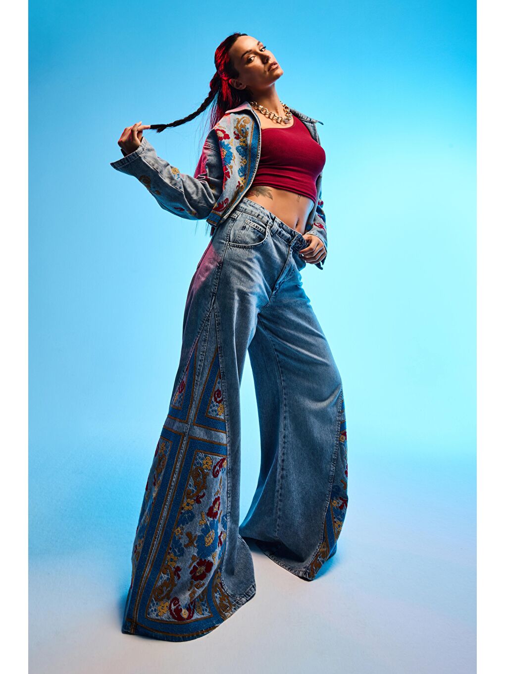 Mavi Kadın Jean Rengi 4s6-32 Palazzo Fit Özel Desen Nakışlı Tasarım Denim Jean-1