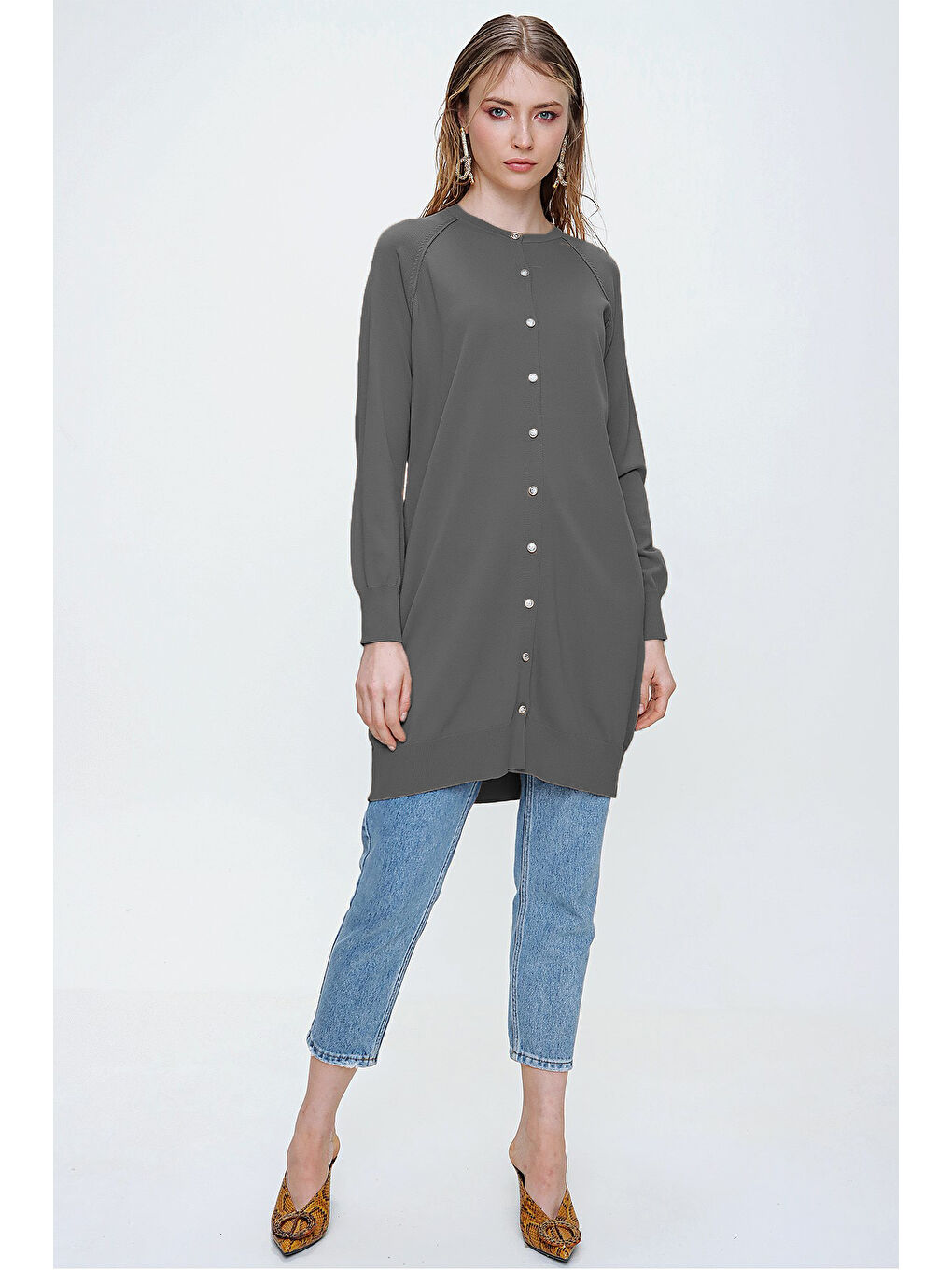 Gri Merserize Triko Hırka Orta Boy H-300 Füme-2