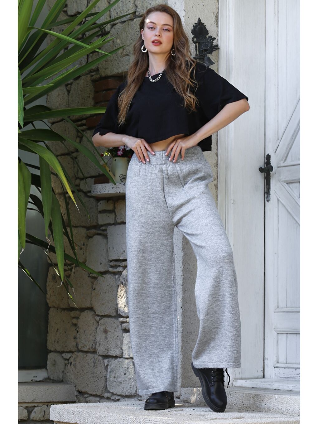 Gri Örme Boru Paça Yün Pantolon-3