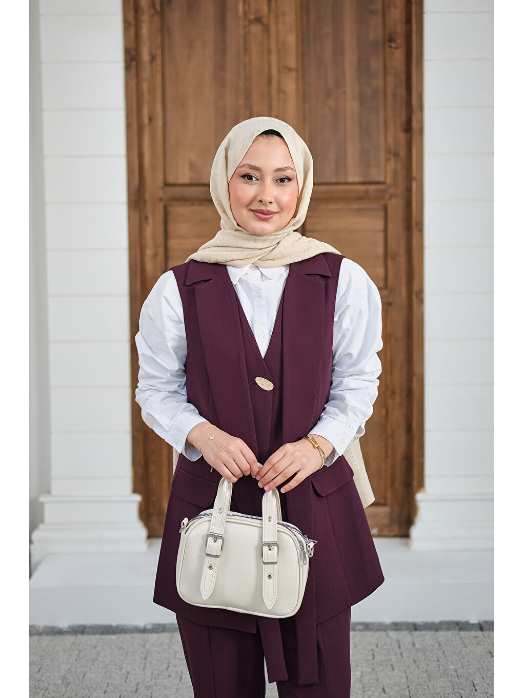 Kadın Gold Düğme Detaylı Yelekli Takım Mürdüm-2