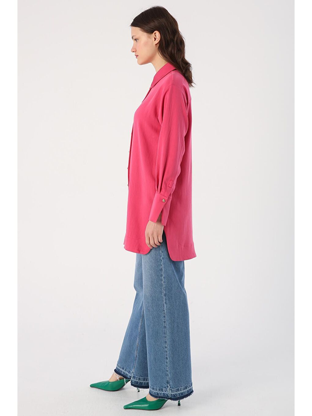 Fuşya Yanları Yırtmaçlı Metal Düğmeli Gömlek Tunik-2