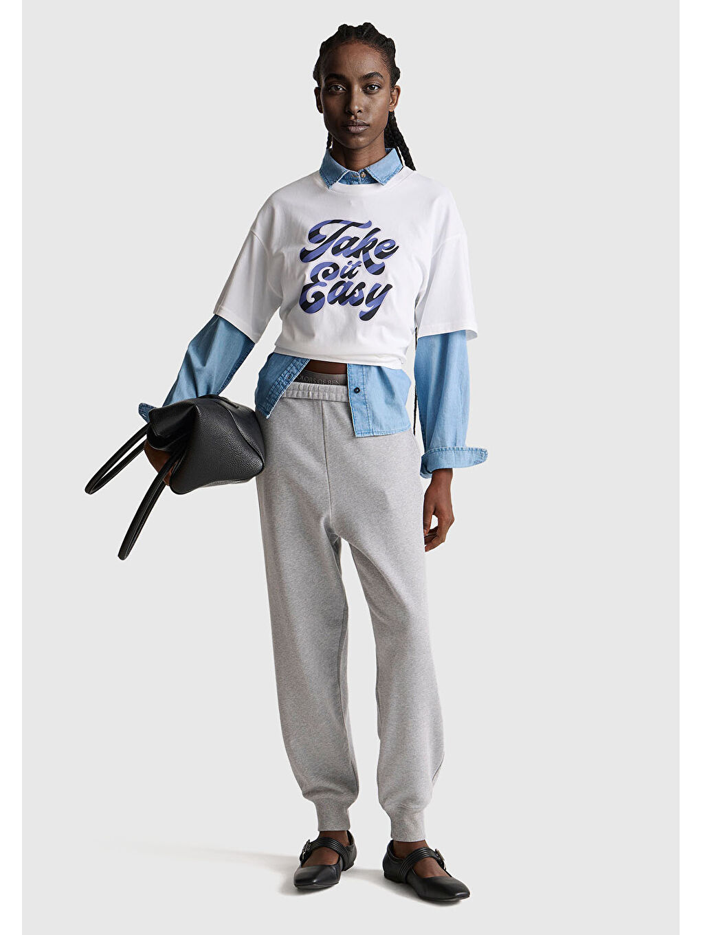 Kadın Beyaz-Mavi Yazılı %100 Pamuk Önü Yazı Baskılı Bisiklet Yaka T-Shirt-4