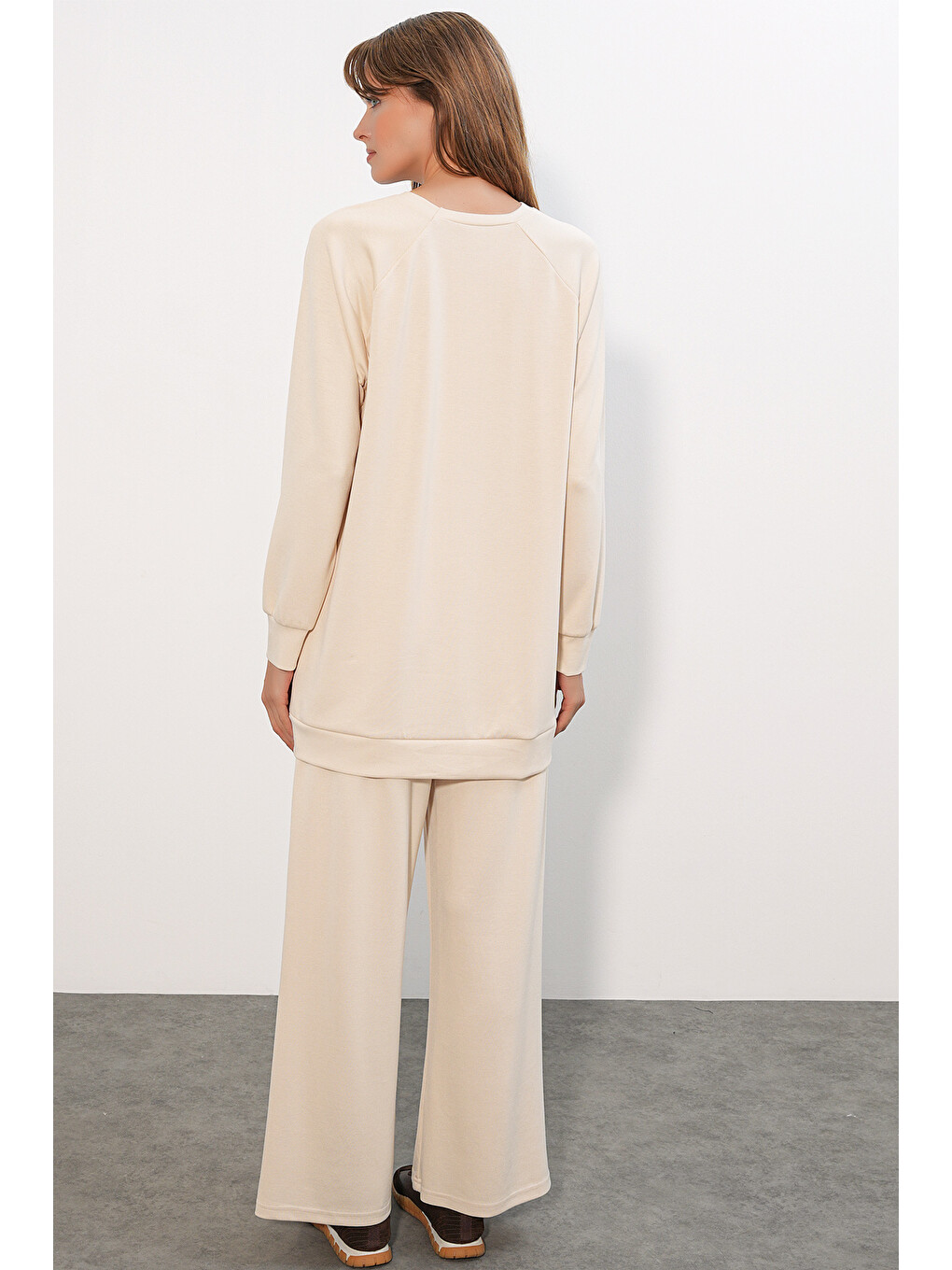 Ekru Kadın Desenli Oversize Tunik Pantolon İkili Takım 55462 - Krem-5